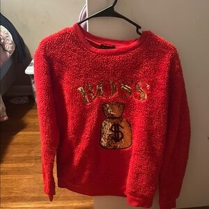 Red Fuzzy Sweater with Gold Sequin Design